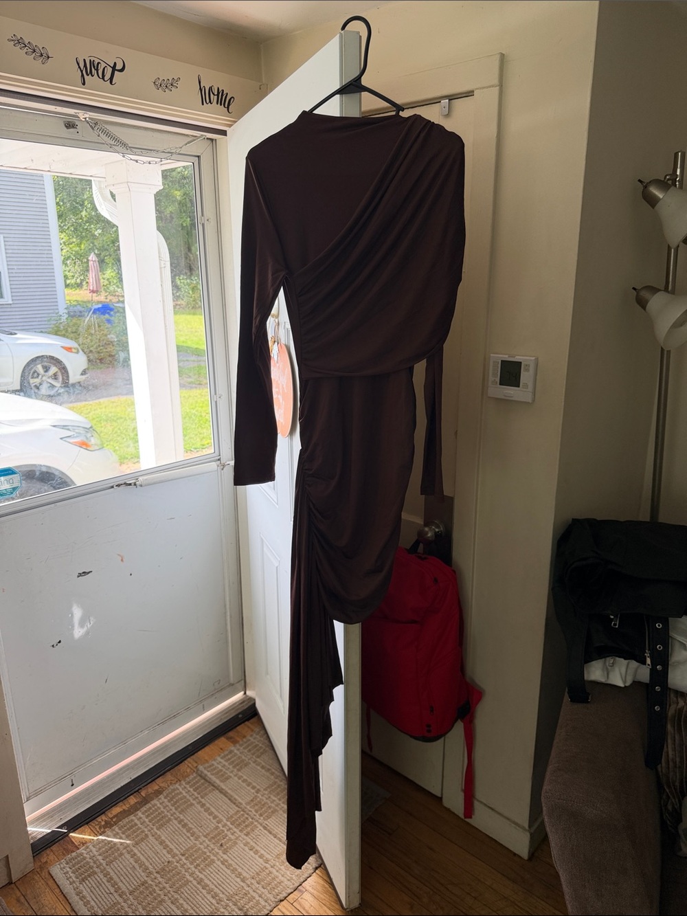 Asymmetrical Long-Sleeve Draped Dress in Dark Brown